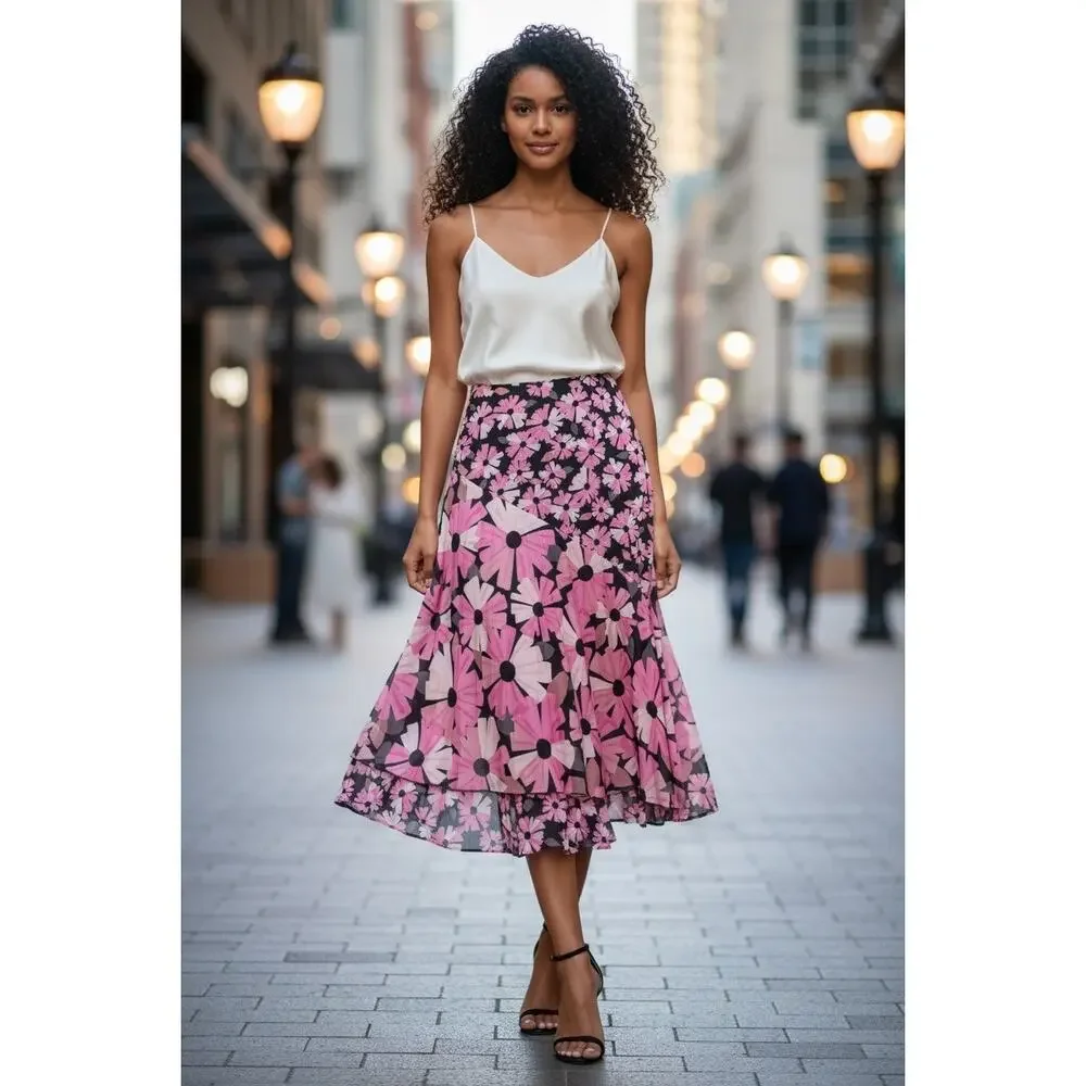 Kate Spade Wallflower Satin Floral Skirt Size 10 NWT Pink Black Asymmetrical